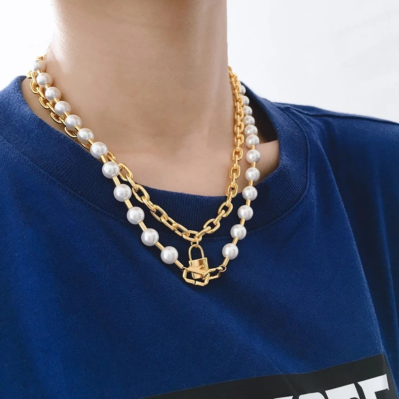 Pearl Layered Lock NECKLACE - GOLD