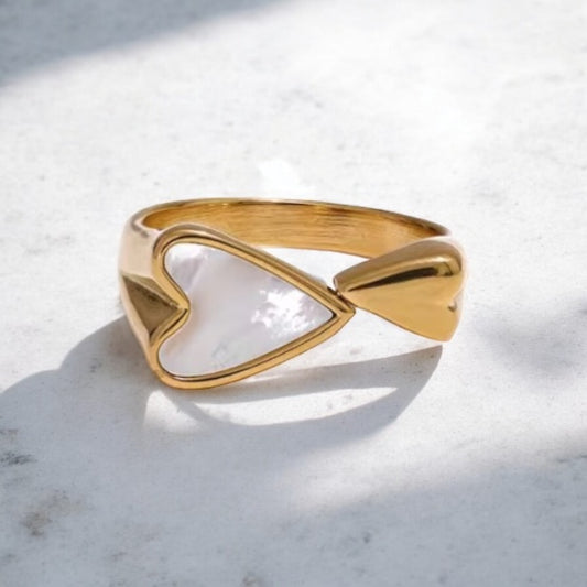 WHITE SHELL DOUBLE HEART OPEN RING