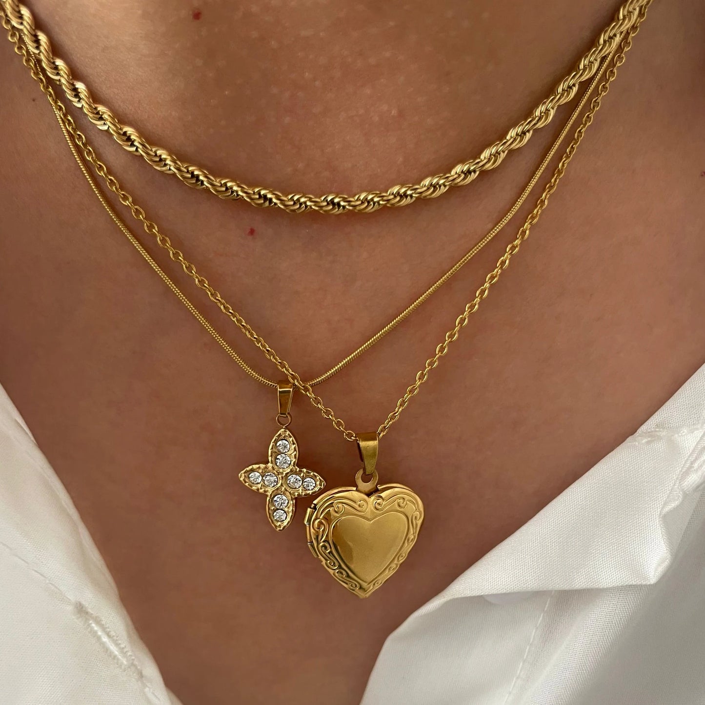 Peri'sbox Trendy Solid Gold Color Rhinestone Cross Heart Pendant Necklace Fried Dough Twists Chain Stainless Steel Women Jewelry