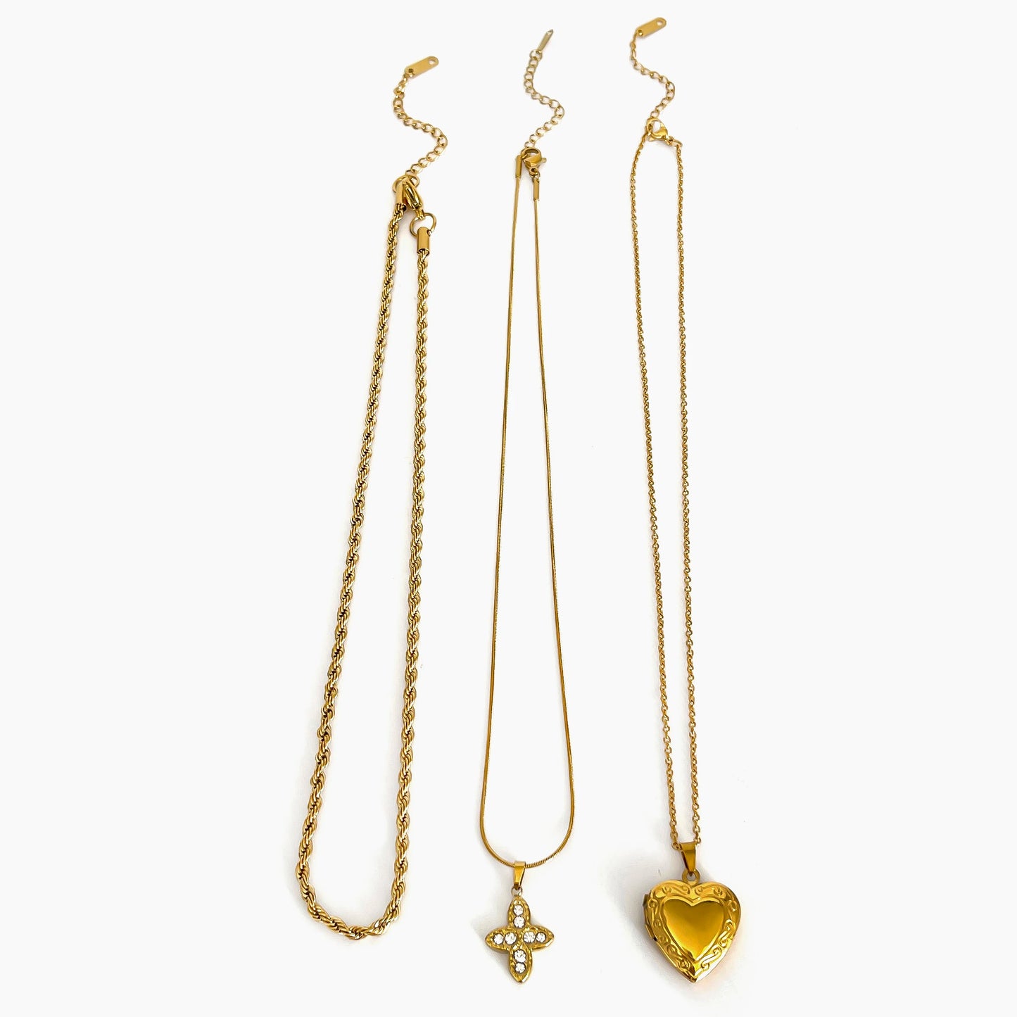 Peri'sbox Trendy Solid Gold Color Rhinestone Cross Heart Pendant Necklace Fried Dough Twists Chain Stainless Steel Women Jewelry