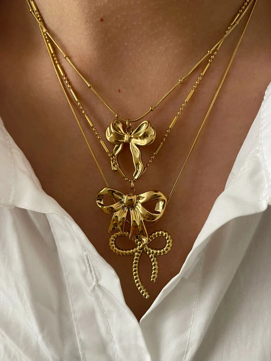 Peri'sbox Classic Elegant Gold Plated Thin Chain Bow Knot Pendant Necklaces for Women Stainless Steel Waterproof Summer Jewelry