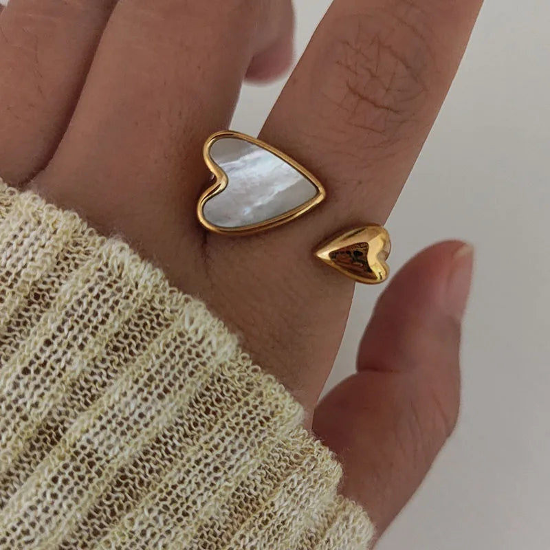 WHITE SHELL DOUBLE HEART OPEN RING